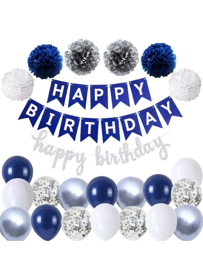 Mordely Blue Birthday Decorations Kit, Birthday Party Decorations for Men Women Boys Grils, Happy Birthday Banner, Tissue Paper Flowers Pom Pom, Hanging Swirls and Circle Dot Garland, Latex Confetti Balloons - Image 1